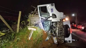Siderópolis: Caminhão carregado com frangos tomba e deixa motorista ferido