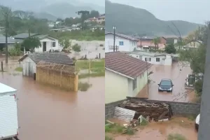 Chuva torrencial deixa municípios em alerta e pessoas ficam ilhadas em SC