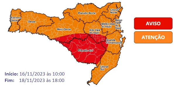 Defesa Civil de SC alerta para temporais com chuva intensa e volumosa entre a quinta (16) e o sábado (18)