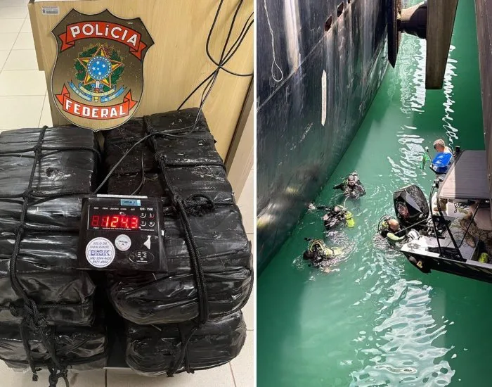 Mergulhadores encontram 124 kg de cocaína escondidos em casco de navio em porto de Imbituba