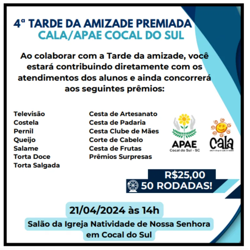 APAE Cocal do Sul promove 4ª Tarde da Amizade Premiada