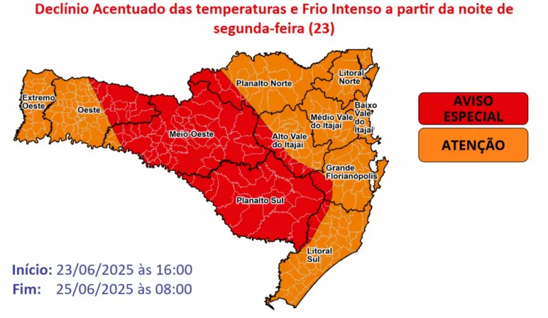 Proteção e Defesa Civil de Santa Catarina emite alerta vermelho para o frio intenso no estado
